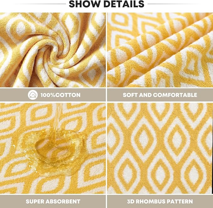 Artoid Mode 1 Pc Beige Yellow Diamond Grid Jacquard Hand Towels for Bathroom, 100% Cotton Soft Absorbent Bathroom Decor Towels, 13.7 x 29.5 Inch