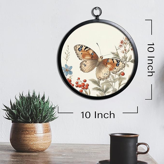 XIAOAIKA Vintage Wall Art with Metal Frame, Round Wood Print Featuring Butterfly and Berries, Boho Wall Decor for Living Room, Bedroom, Kitchen, Hallway, 10 Inch