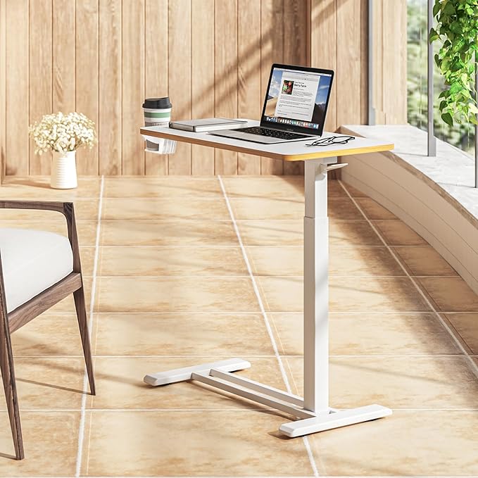 SANODESK Mobile Standing Desk with Hidden Wheels,Pneumatic Laptop Desk Rolling Computer Cart Movable Height Adjustable Small Sit Stand Desk for Home Office(27.6" W x 15.7" D, White+Maple Band)
