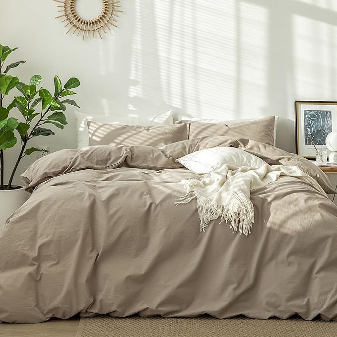 MooMee Bedding Duvet Cover Set 100% Washed Cotton Linen Like Textured Breathable Durable Soft Comfy (Solid Mocha Brown, Oversized King Plus 128"x120")