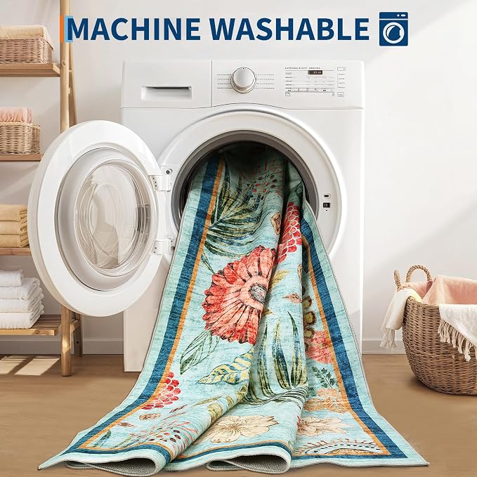 Washable 4x6 Small Area Rug for Living Room Boho Floral Soft Bedroom Rug Non Slip Office Rugs Low Pile Kitchen Small Carpet Stain Resistant Throw Rug for Bedside Kids Room Dining Room, Blue
