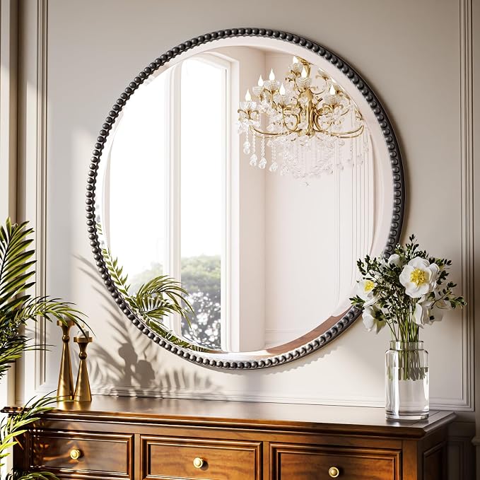 28 Inch Round Bathroom Mirror - Luxurious Retro Beaded Circle Decorative Wall Mirror with PU Frame Hanging Leaning as Art Decor for Entryway, Bedroom, Living Room, Hallway, Black