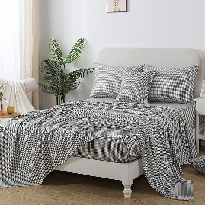 FADFAY Black Plaid Twin XL Size Sheets 100% Cotton Geometric Checker Bedding Teens Grid White Gingham Pattern College Bedding Deep Pocket Sheets with 2 Pillowcases Ultra Soft 4pcs, Twin Extro Long