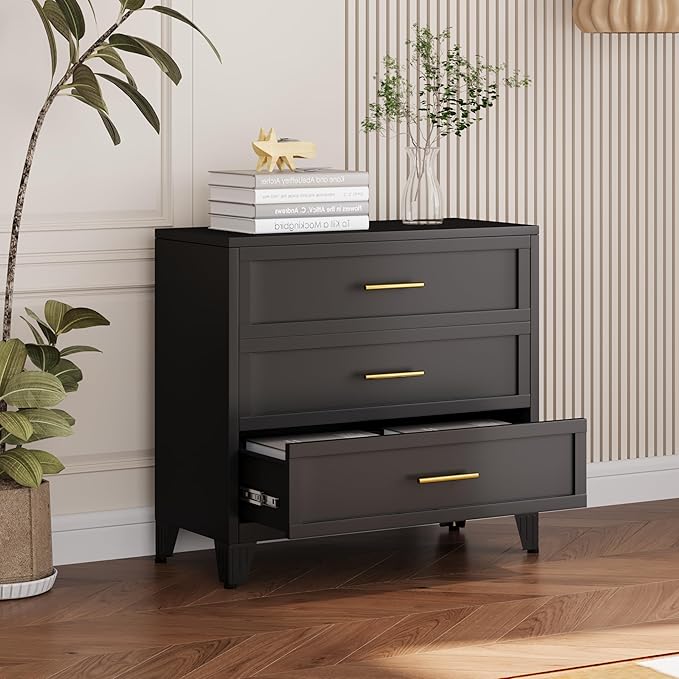 34.25" Tall Metal Dresser for Bedroom, 3 Drawer Black File Cabinet with Gold Handles, Dressers Chests with Fluted Panel, Vertical Drawer Storage Cabinet for Living Room, Entryway, Hallway