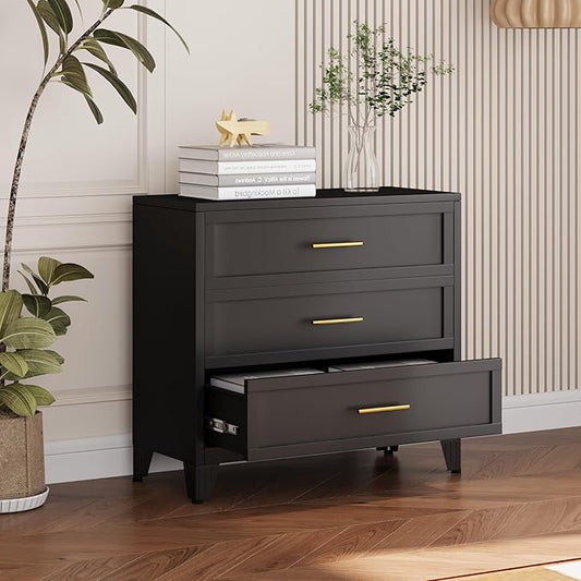 34.25" Tall Metal Dresser for Bedroom, 3 Drawer Black File Cabinet with Gold Handles, Dressers Chests with Fluted Panel, Vertical Drawer Storage Cabinet for Living Room, Entryway, Hallway