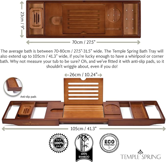 Temple Spring Bamboo Bathtub Tray Caddy for Tub — Expandable Wood Bath Tray with Solid Book Stand Wine Holder and Non-Slip Pads — Includes Bamboo Soap Dish and Spa Accessories — Luxury Bath Gift Set