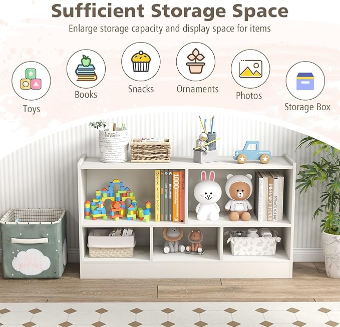 Toy Storage Organizer, 2-Tier Kids Bookshelf, 5 Cube Kids' Bookcases, Cabinets & Shelves, Wooden Toy Organizers, Small Book Shelf for Bedroom, Playroom, Classroom, Nursery (White)