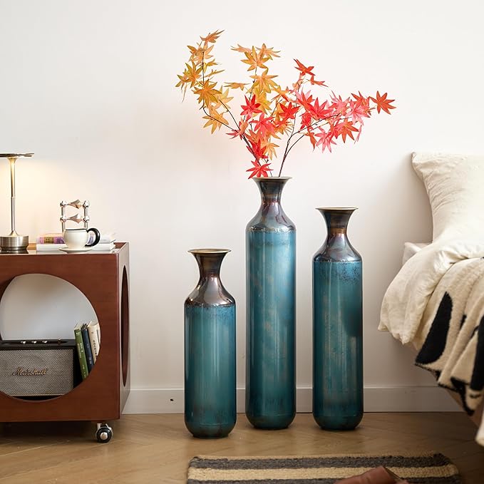 Metal Floor Vases Decorative, Set of 3 Flower Arrangement Stand, Tall Blue Metal Floor Vases for Living Room, Bedroom & Entryway, 28.34", 24.4", 20.4" H (Aqua Blue)