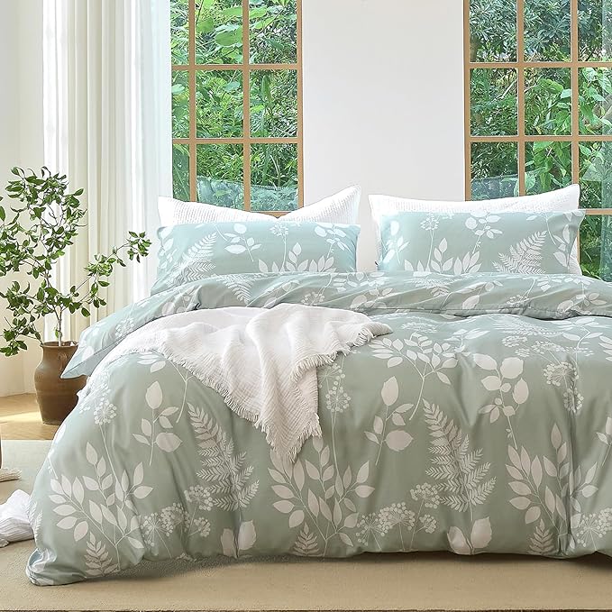 Nayoroom Floral Duvet Cover Queen Size White Green Botanical Flower Cottage Core Bedding Set 3 Pieces Soft Lightweight Microfiber Spring Aesthetic Duvet Cover Gift for Women