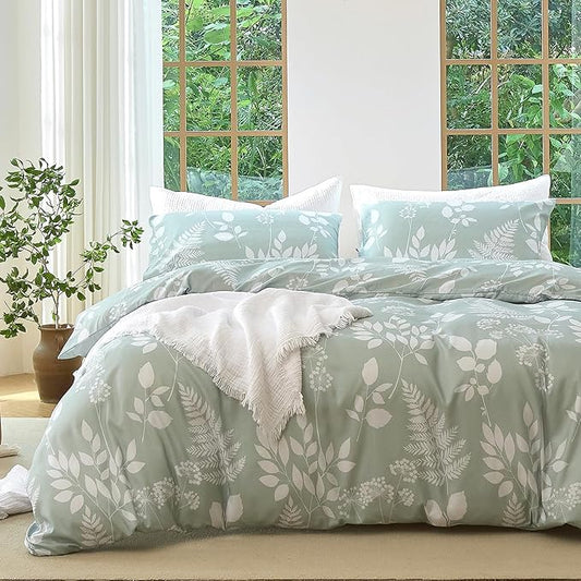 Nayoroom Floral Duvet Cover Queen Size White Green Botanical Flower Cottage Core Bedding Set 3 Pieces Soft Lightweight Microfiber Spring Aesthetic Duvet Cover Gift for Women