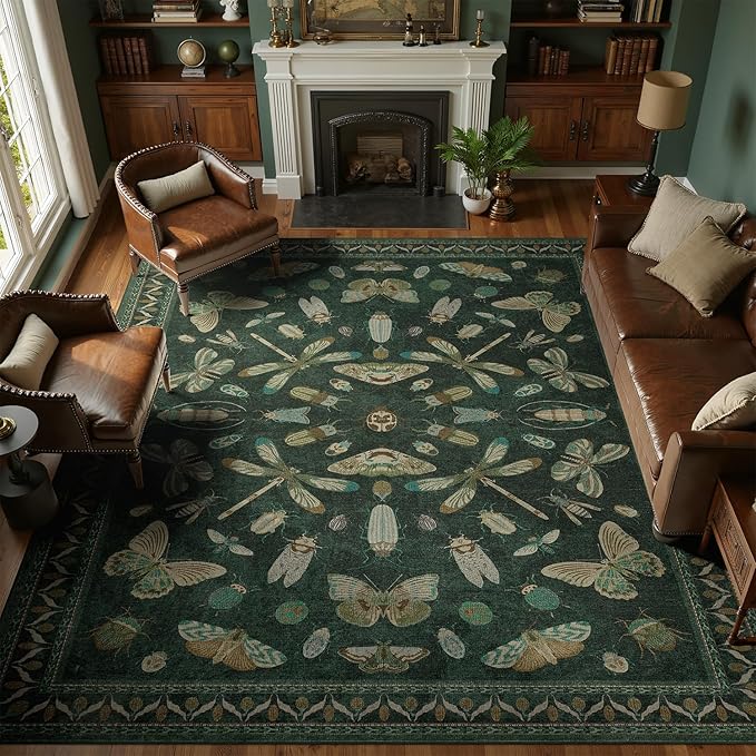 DCX 8x10 Washable Insect Rug, Vintage Gothic Dark Green Rug with Non-Slip Rubber Backing, Soft Low-Pile, Stain-Resistant, Kid & Pet Friendly, for Living Room, Bedroom, Office, and Nature-Themed Decor