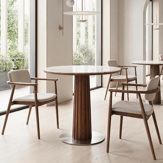 Round Dining Table, 31.5" Solid Wood Dinner Table with Thickened Top & Steel Pedestal, Mid Century Modern Bistro Table for Kitchen, Small Space, Living Room, Cafe, White & Walnut -Style B