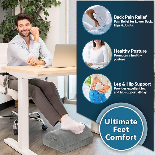 ComfiLife Foot Rest - Adjustable Height Memory Foam Stool for Office & Gaming Chairs | Ergonomic Gray Design for Back & Hip Pain Relief