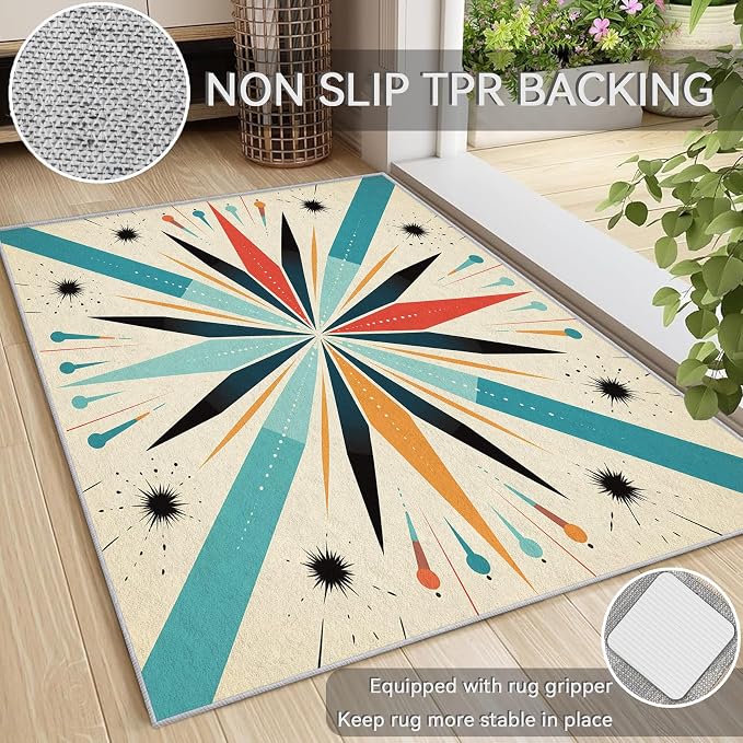 Mid Century Modern Rug 7x8, Washable Retro Sun Rugs for Living Room Bedroom, Atomic Geometric Area Rug for Home Decor, Non Slip Backing Floor Carpet with Gripper - 7 x 8 ft