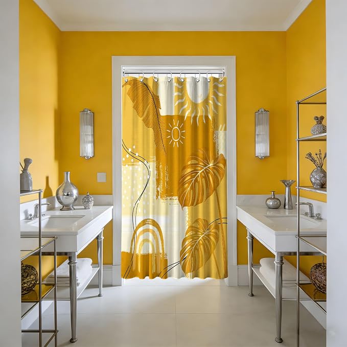 Small Stall Shower Curtain Rv Mustard Yellow Boho, 48 x 72 Inchs | for Camper Stand Up Shower, Modern Pattern Design, Narrow Bathroom Decor Sets Waterproof Cloth Fabric, with Hooks