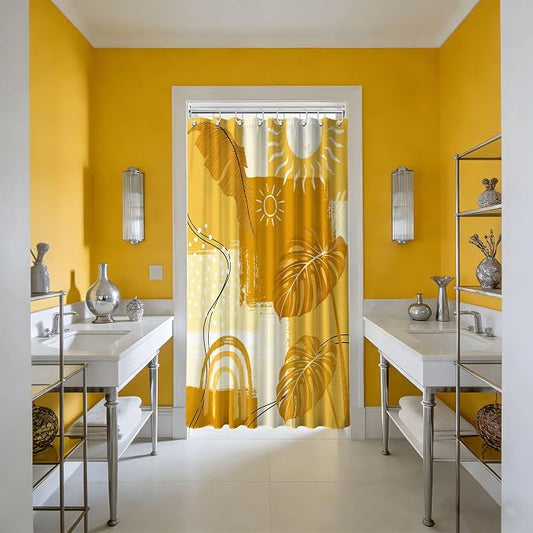 Small Stall Shower Curtain Rv Mustard Yellow Boho, 48 x 72 Inchs | for Camper Stand Up Shower, Modern Pattern Design, Narrow Bathroom Decor Sets Waterproof Cloth Fabric, with Hooks