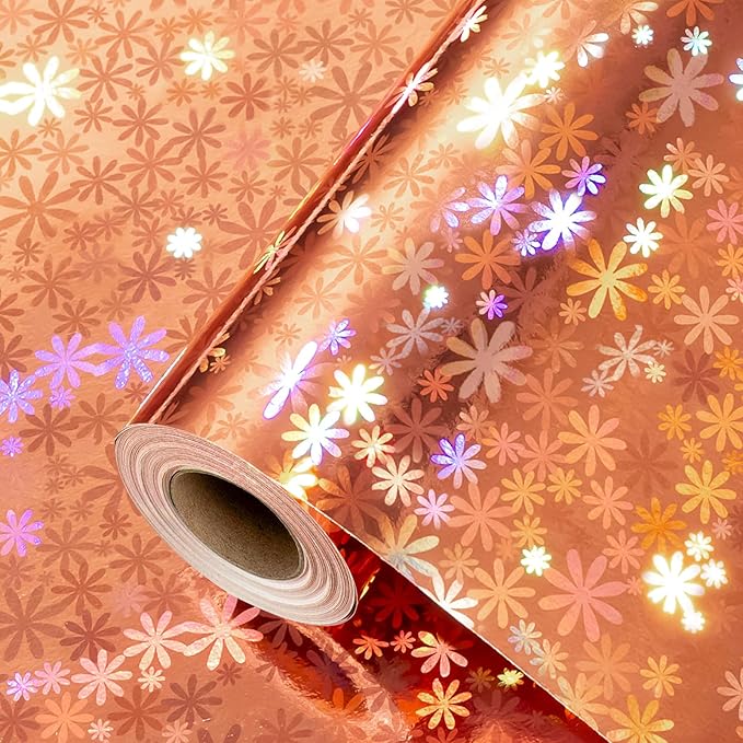 Yarcony Rose Gold Wrapping Paper Roll, Holographic Floral Gift Wrapping Paper - 17 Inch x 33 Feet - Shiny Iridescent Flower Design Thick Gift Wrap for Girl Birthday, Wedding, Mother's Day, Christmas