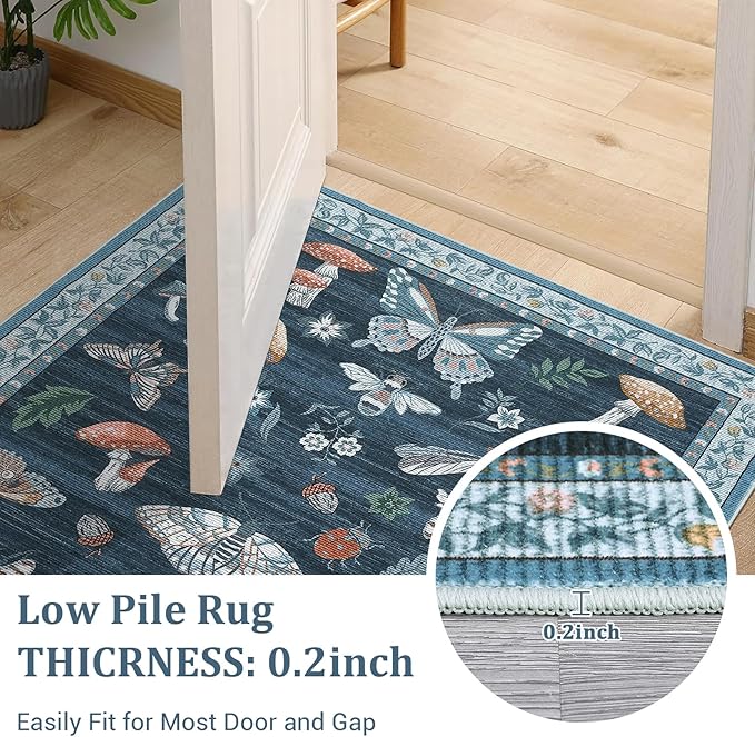 Washable 2x6 Vintage Runners for Hallway Entryway Retro Distressed Kitchen Carpet Runner Low Pile Soft Bedside Boho Carpet Non Slip Bath Rug Non Shed Thin Floral Accent Carpets, Blue