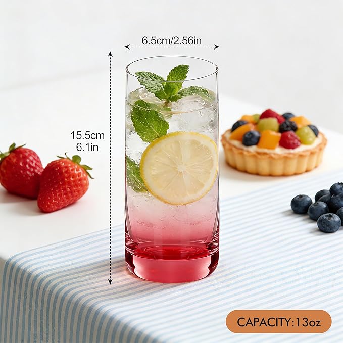 Red Highball Glasses Set of 6,13oz Red Drinking Glass Cups for Mixed Drink Cocktail, Beer, Mojito, Water and Juice,Thick Tall Crystal Glassware for Kitchen, Restaurant, Home Bar and Parties