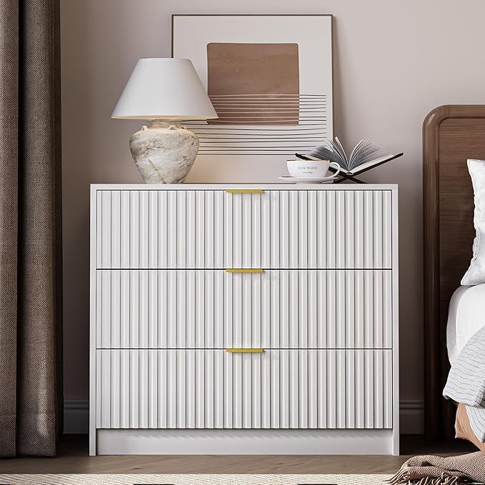 3-Piece Dresser Bedroom Set, 6 Drawer Dresser & 3 Drawer Nightstands with Gold Handles, Fluted Wood Chest of Drawers for Bedroom, Living Room, Entryway, White