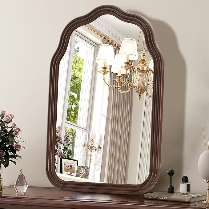 Tanmicoshomy Wood Arch Bathroom Mirror 24x36 Inch, Rustic Wavy Natural Wooden Framed Mirrors with Shatterproof Glass for Living Room, Bedroom or Entryway (Dark Brown)