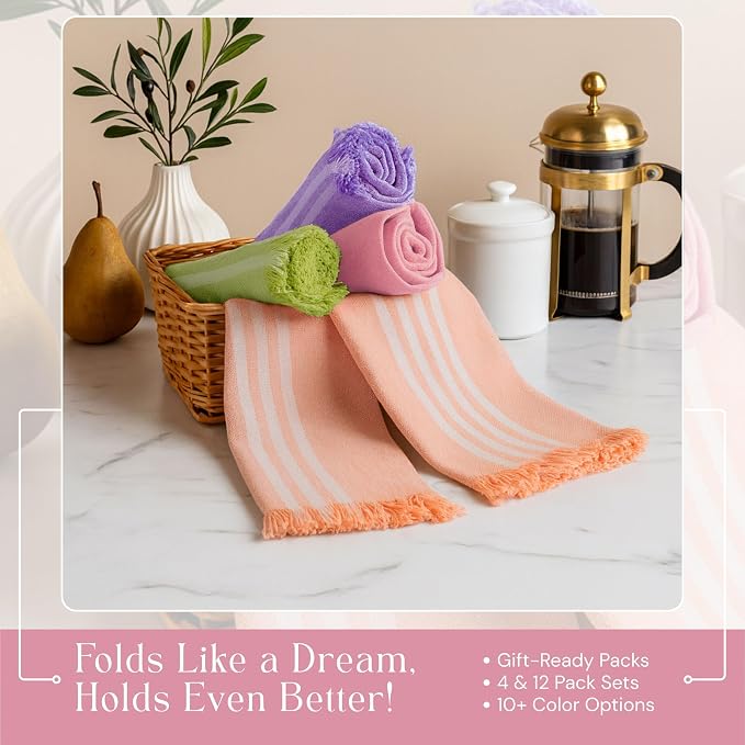 Multi Color Kitchen Towels 4 Pack, 16x26 Inches, Striped Tea Towels, Quick Dry Dishcloth, Absorbent Cleaning Rags, Washable Kitchen Cloths - Rose Pink, Lavender, Green, Orange