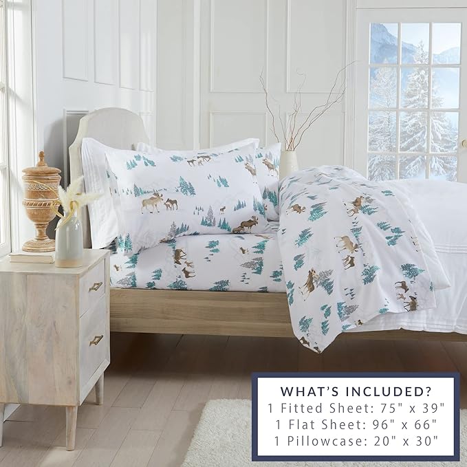 Market & Place 100% Turkish Cotton Flannel Sheet Set | 3 Piece Deep Pocket Novelty Cozy Winter Bed Sheets | Double Brushed for Extra Softness & Comfort | Alpine Collection (Twin, Moose)