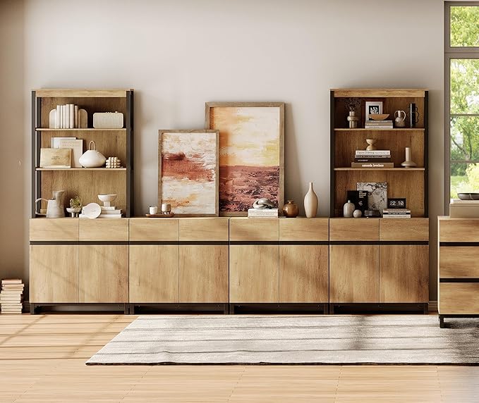WAMPAT 3 Tier Bookshelf with Storage Cabinets, 72" Tall Bookcase with Adjustable Shelf, Large Modern Display Book Case Shelf with Door, Library Wood Bookshelves for Home Office, Living Room, Oak