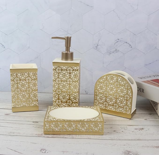 Hymmah Gold Bathroom Accessories Set,Farmhouse Bathroom Decor,4 Pcs Resin Gift Set Apartment Necessities, Contain Cotton Swab Jar,Soap Dispenser,Tumbler，Soap Dish/Tray