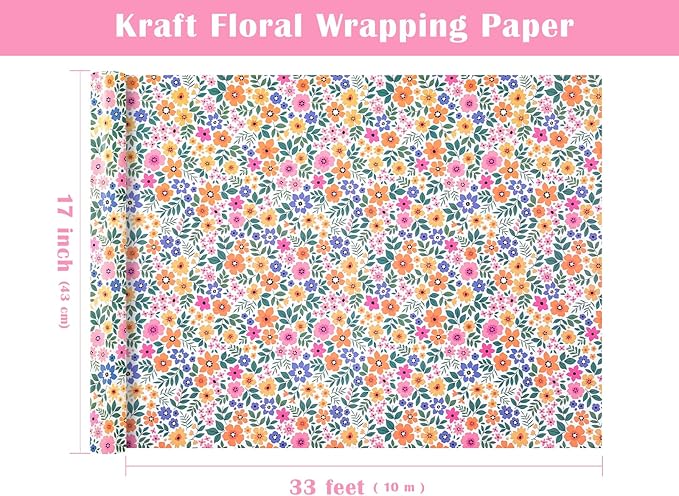 WRAPAHOLIC Kraft Floral Wrapping Paper Roll - Mini Roll - 17 Inch x 33 Feet - Ditsy Flower Wrapping Paper, Perfect for Wedding, Birthday, Bridal Shower, Tea Party