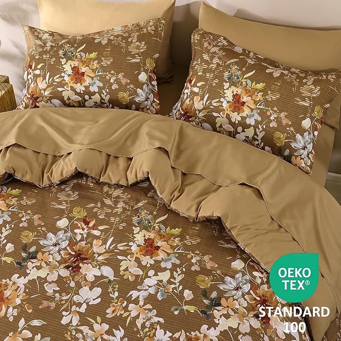 Dobuyly Fall Queen Comforter Set, 7 Pieces Brown Floral Comforter Set, Bed in a Bag Queen with Botanical Flowers Pattern, Farmhouse Queen Size Bedding Set with Sheets, Pillowcases & Shams