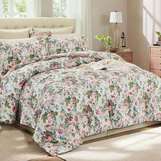 Rose Red Floral King Bedding Romantic Girls Comforter Set Soft Botanical Vintage & Country Home Decor for All Season