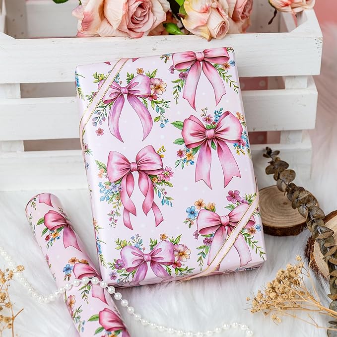 Burymento Pink Bow Flower Wrapping Paper, Reversible Wave Point Gift Wrap for Birthday, Valentines, Mothers day, Graduation, Wedding, Fathers day, Baby Shower, Christmas (17in x 16.4ft)