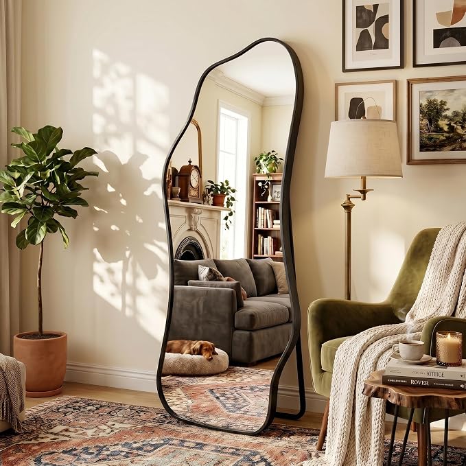 Mirror Full Length - Irregular Full Body Mirror Standing or Leaning or Wall Hanging 62.2"x 22.8" Asymmetrical Aviation Aluminum Alloy Frame Unique for Bedroom, Living Room, Cloakroom, Entryway