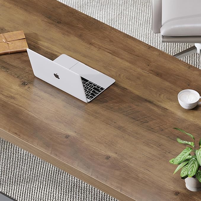 LVB Wood Computer Desk, Rustic Home Office Executive Desk for Bedroom, Industrial Wooden Computer Writing Study Work Gaming Table, Modern Metal PC Student Simple Desk with Storage, 55 Inch, Rustic Oak