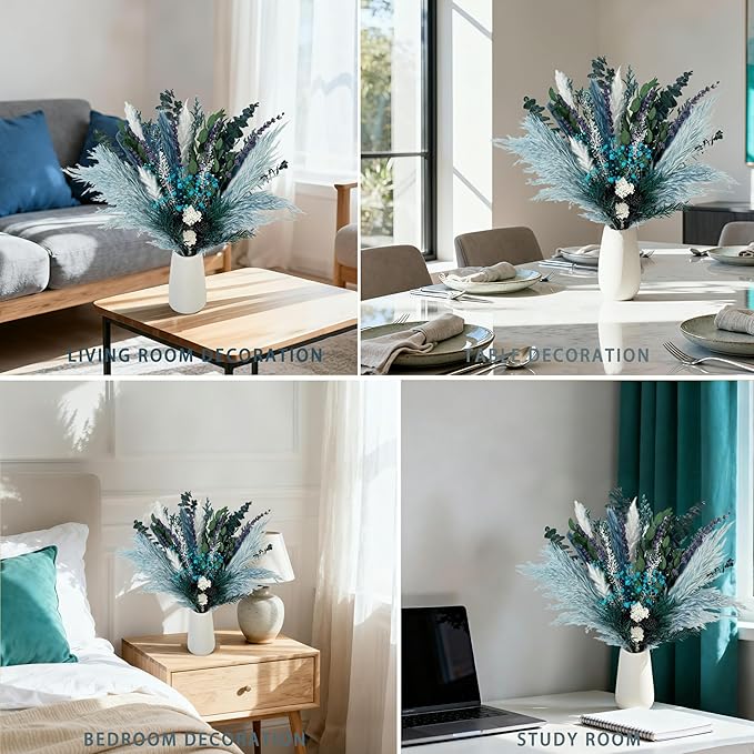 Natural Dried Flower Bouquet, 17” Blue Pampas and Eucalyptus Arrangement with Lavender and Turquoise Accents, Rustic Boho Floral Decor for Living Room, Bedroom, or Gift