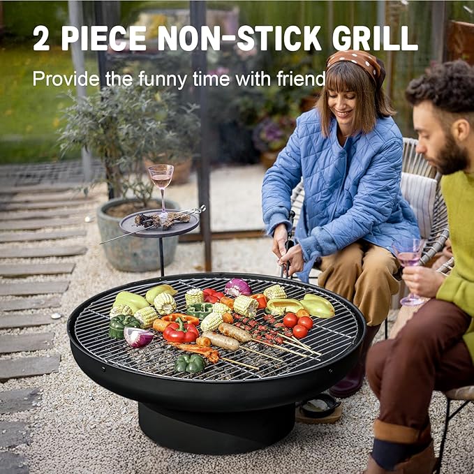 Panovue 32in Fire Pit Table with Lid,Heavy Duty and Deep Fire Bowl,Outdoor Wood Burning BBQ Grill Firepit Bowl with Cover Lid, Fire Pit for Outside Table for Backyard Bonfire Patio Picnic