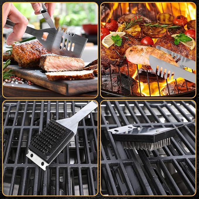 BBQ Tool Grilling Accessories, 16-Inch Stainless Steel BBQ Grill Tools Set for Men, Heavy Duty Grilling Accessories Kit for Camping, Kitchen, 3 PCS Extra Thick Barbecue Utensil