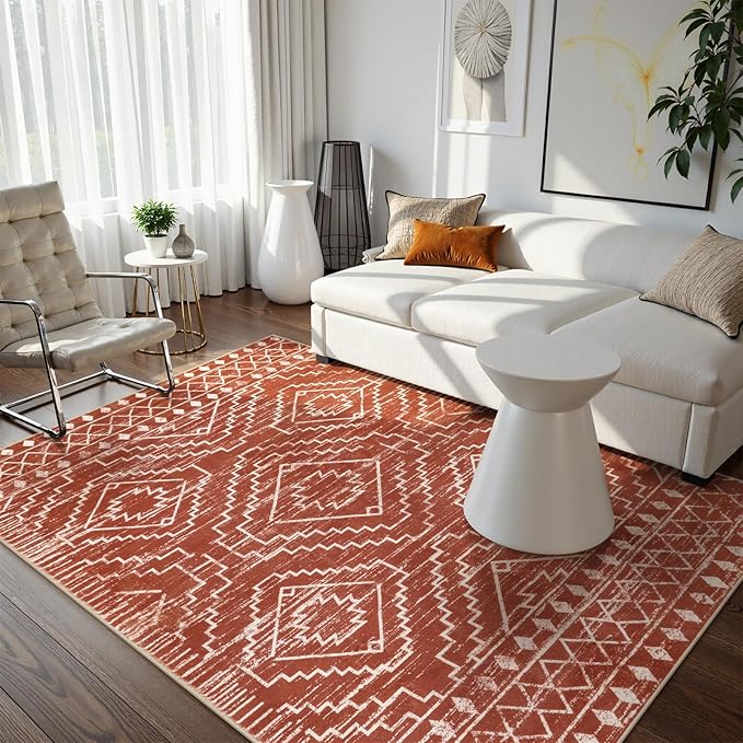 Wonnitar Moroccan 4x6 Bedroom Area Rug, Washable Soft Rug for Living Room, Non-Slip Bohemian Large Rug Non-Shedding Low Pile Floor Carpet for Kitchen Guest Room Entrance (Brown,4'x6')