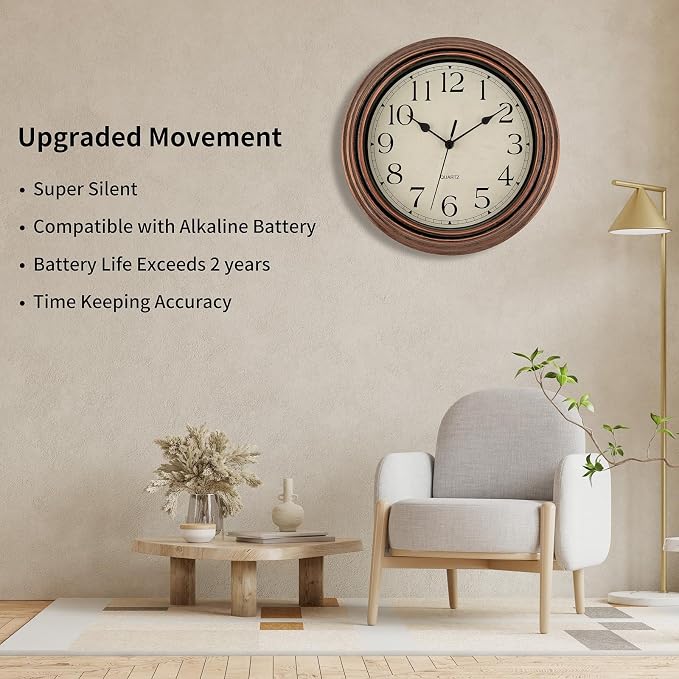 Foxtop Vintage Copper Wall Clock 12 Inch Silent Non Ticking Battery Operated Quartz Round Retro Wall Clock Decorative for Kitchen Bedroom Living Room Office Classroom