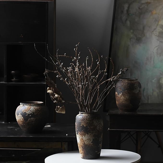 Denique Rustic Vase for Home Decor, Farmhouse Terracotta Vases, Large Ceramic Vase for Living Room Decor, Black Pottery Vase Large Clay Vase, Rustic Farmhouse Tabletop Decor(C-29cm)