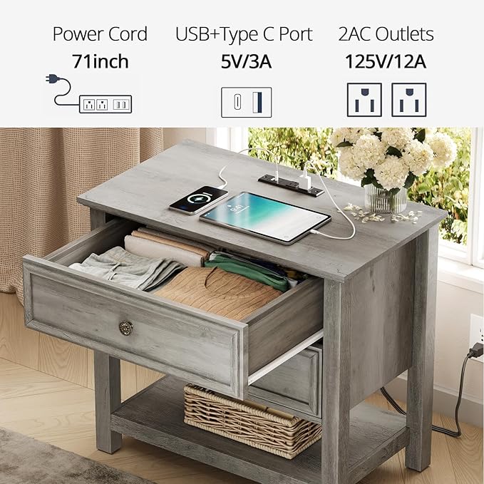LGHM Large Nightstand with Charger Station, Dressers for Bedroom with 2 Drawers, 25.6" Tall Chest of Drawers Closet Organizers & Storage Clothes -Textured Borders for Living Room, Hallway, Gray