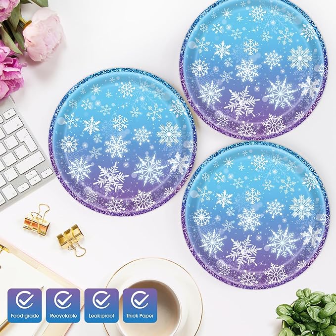 40 Pcs Snowflake Plates and Napkins Party Supplies, Blue Winter Wonderland Disposable Paper Plates and Napkins Tableware Set for Christmas Baby Shower Birthday Party Decorations Serves 20 (Snowflake)