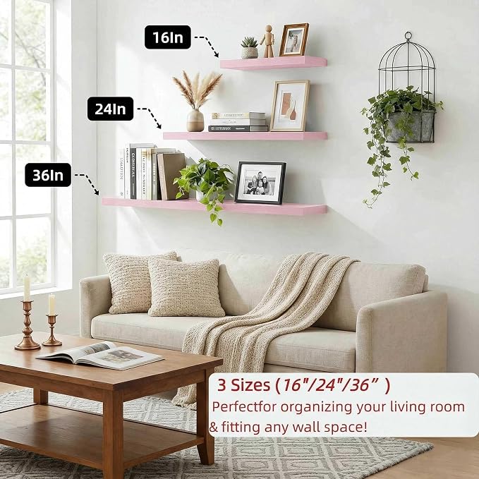 SAUMONIERES Floating Shelves Wall Shelf Solid Wood for Bathroom Bedroom Kitchen Set of 3, Pink Wall Shelves