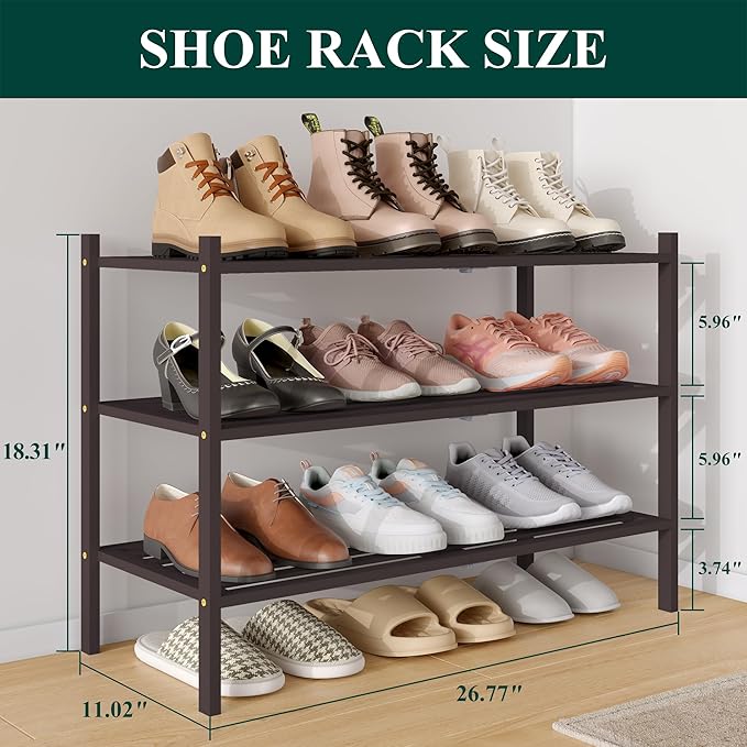 Smiry Bamboo Shoe Rack 3-Tier, Stackable Wooden Shoe Organizer for Entryway & Closet, Free Standing Wood Shoe Storage Shelf for Front Door & Small Spaces, Brown
