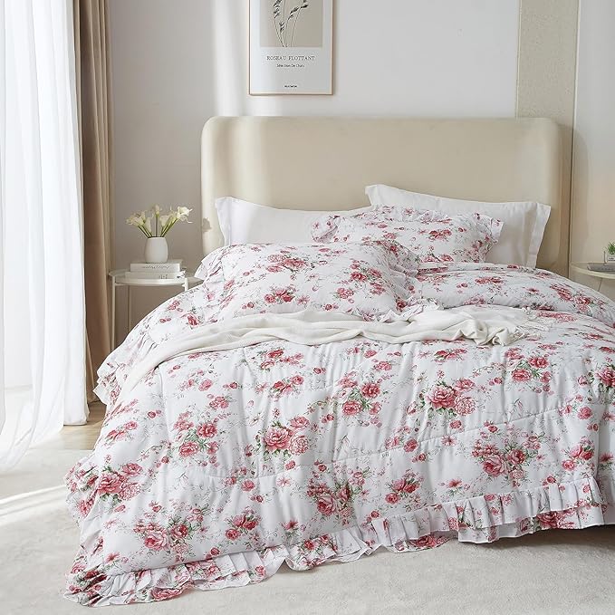 VM VOUGEMARKET Rose Flower Comforter Set King Size Romantic Girls Ruffle Bedding Comforter Soft Microfiber Botanical Comforter Set 1 Ruffled Comforter with 2 Pillowcases Lightweight Comfy