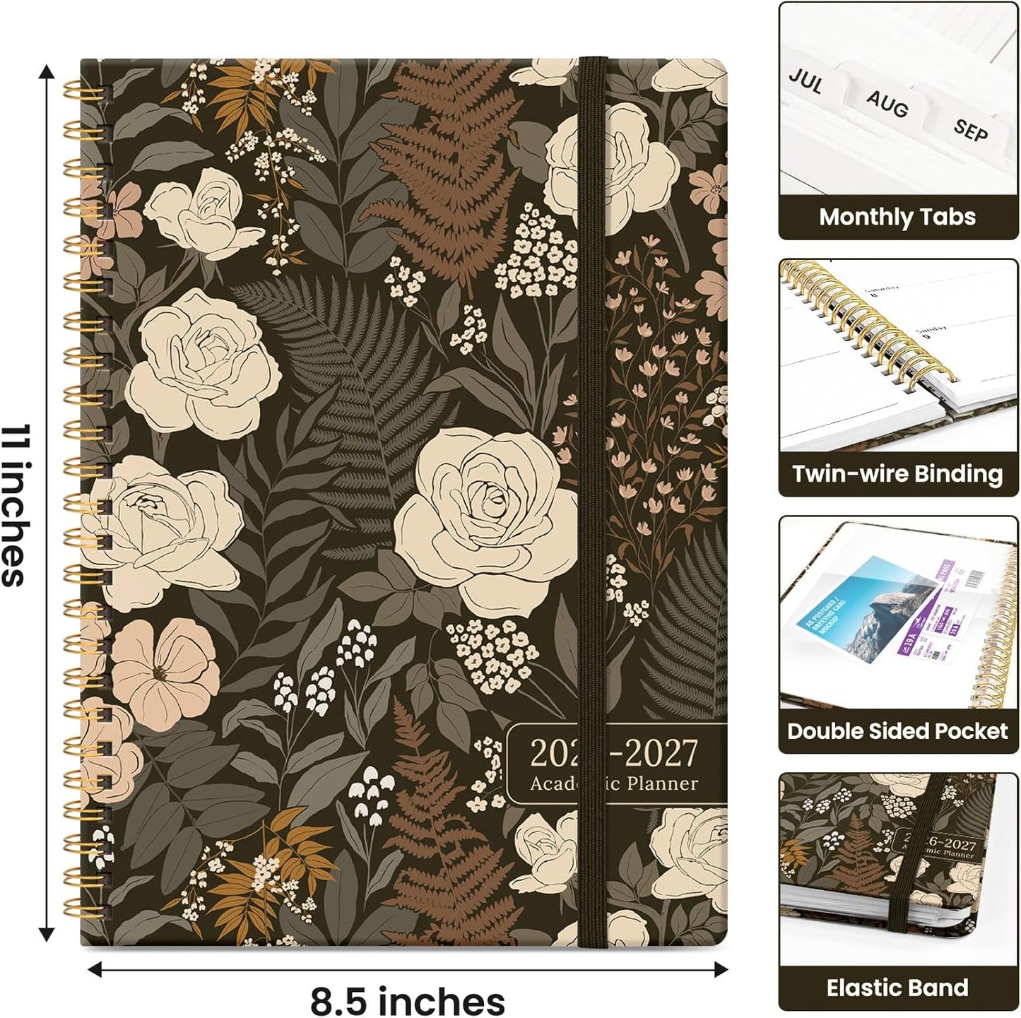 Wild Rose Academic Planner 2026-2027 | Monthly & Weekly Calendar, 8.5" x 11", Hardcover Agenda with Tabs