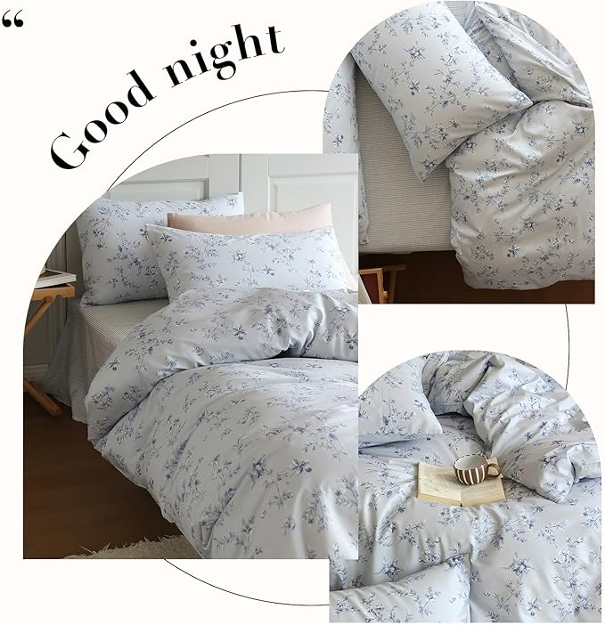Blue Floral Duvet Cover Full Cute Kids Girls Bedding Set Cozy Cotton Flower Botanical Print Comforter Cover for Teens Children Boys Boho Garden Style Floral Bedding Sets Full with 2 Pillowcases