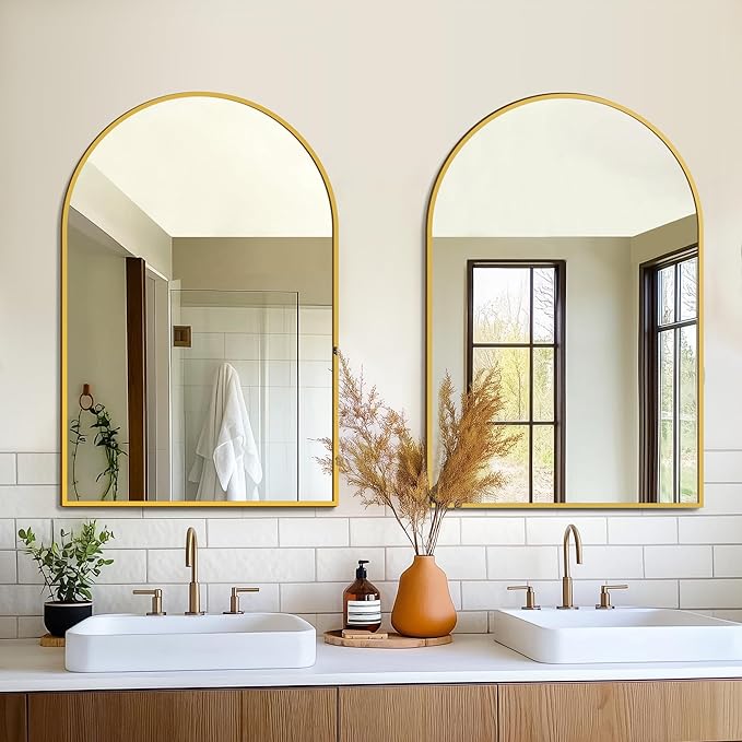 FICTOR Bathroom Mirror for Wall, Arched Vanity Bathroom Mirror for Over Sink, Metal Framed with HD Shatter-Proof Glass for Entryway, Living Room,Bedroom(2 Pack 24”x 36”, Gold)