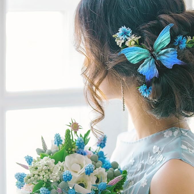 12 PCS Artificial Fabric Butterflies, 2 Sizes Reusable Butterly Crafts Decor, DIY 3D Butterfly Decorations for Fake Flowers Floral Nursery Wedding Tea Party Birthday Easter Spring. (Blue large)